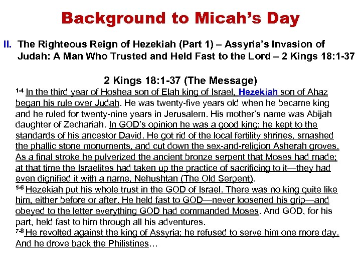 Background to Micah’s Day II. The Righteous Reign of Hezekiah (Part 1) – Assyria’s
