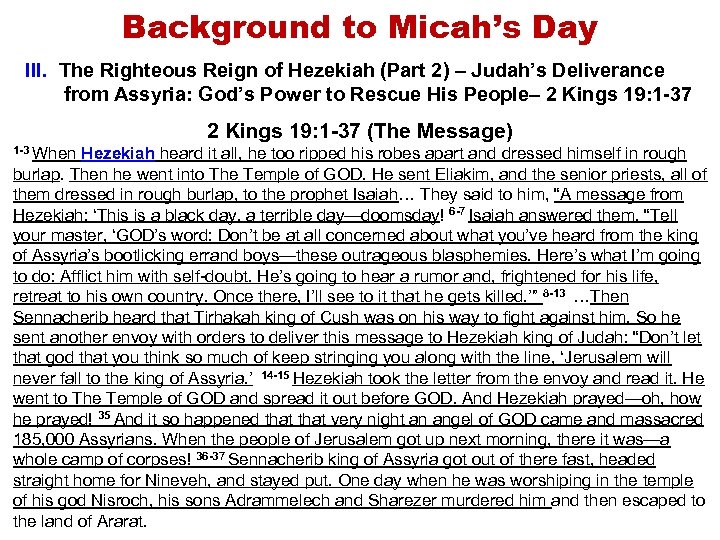Background to Micah’s Day III. The Righteous Reign of Hezekiah (Part 2) – Judah’s
