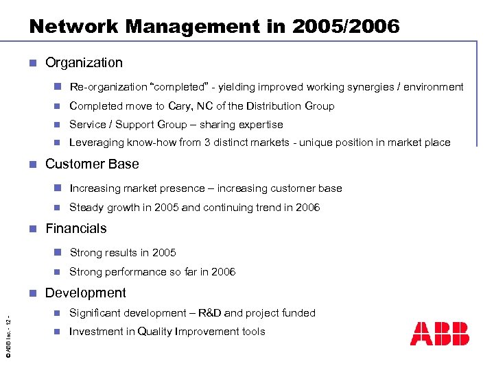 Network Management in 2005/2006 n Organization n Re-organization “completed” - yielding improved working synergies