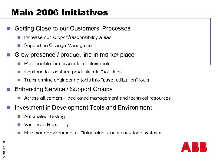 Main 2006 Initiatives n Getting Close to our Customers’ Processes n n n Increase