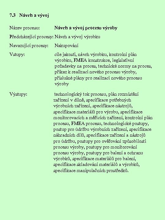 7. 3 Návrh a vývoj Název procesu: Návrh a vývoj procesu výroby Předcházející procesy: