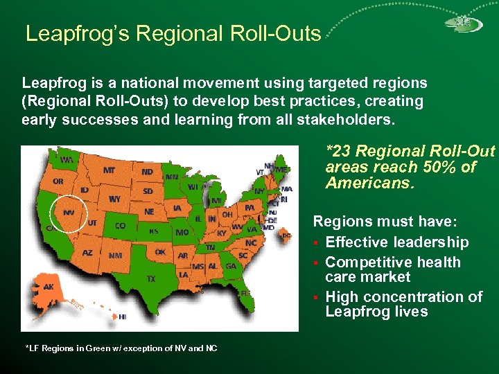 Leapfrog’s Regional Roll-Outs Leapfrog is a national movement using targeted regions (Regional Roll-Outs) to
