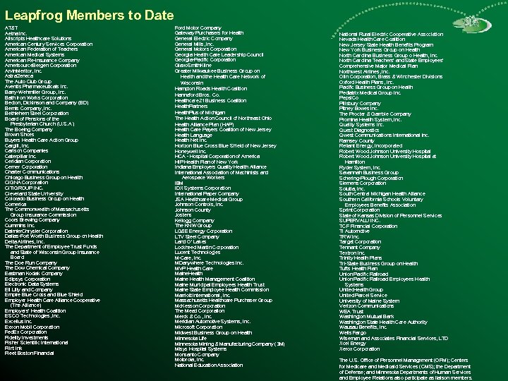 Leapfrog Members to Date AT&T Aetna Inc. Allscripts Healthcare Solutions American Century Services Corporation