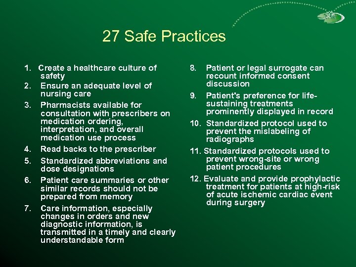 27 Safe Practices 1. Create a healthcare culture of safety 2. Ensure an adequate