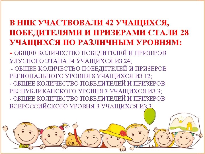 В НПК УЧАСТВОВАЛИ 42 УЧАЩИХСЯ, ПОБЕДИТЕЛЯМИ И ПРИЗЕРАМИ СТАЛИ 28 УЧАЩИХСЯ ПО РАЗЛИЧНЫМ УРОВНЯМ: