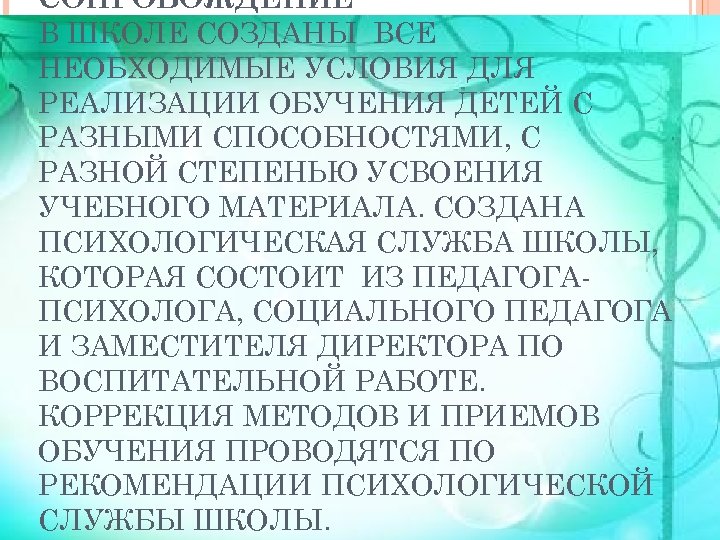 СОПРОВОЖДЕНИЕ В ШКОЛЕ СОЗДАНЫ ВСЕ НЕОБХОДИМЫЕ УСЛОВИЯ ДЛЯ РЕАЛИЗАЦИИ ОБУЧЕНИЯ ДЕТЕЙ С РАЗНЫМИ СПОСОБНОСТЯМИ,