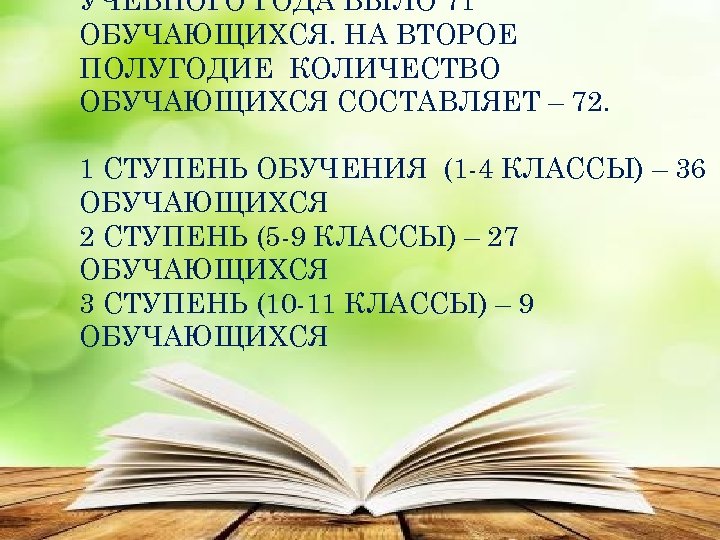 УЧЕБНОГО ГОДА БЫЛО 71 ОБУЧАЮЩИХСЯ. НА ВТОРОЕ ПОЛУГОДИЕ КОЛИЧЕСТВО ОБУЧАЮЩИХСЯ СОСТАВЛЯЕТ – 72. 1