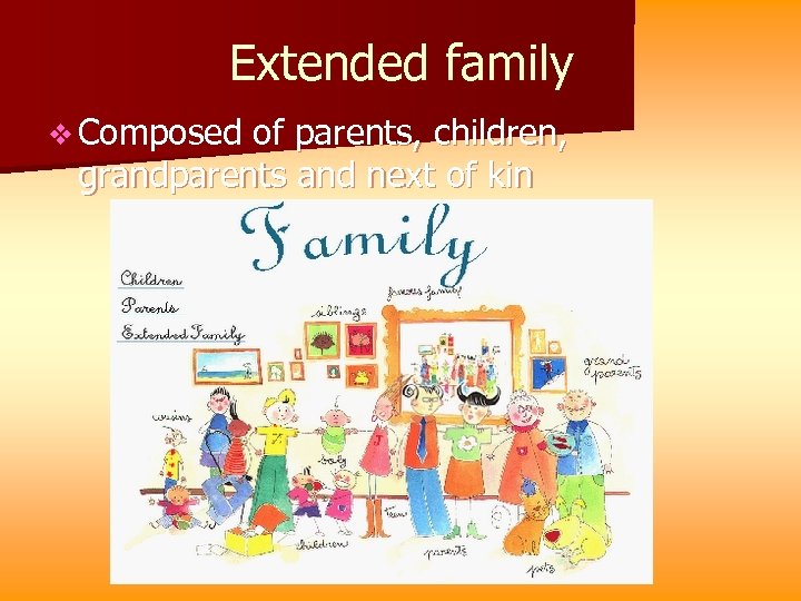 Extended family v Composed of parents, children, grandparents and next of kin 
