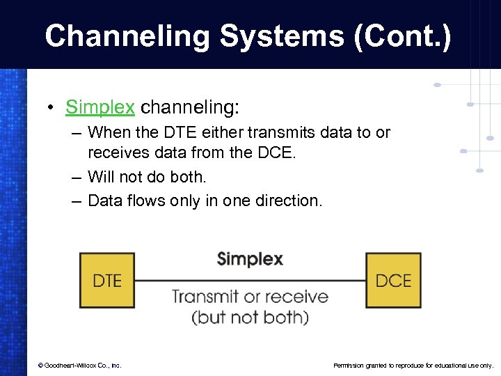 Channeling Systems (Cont. ) • Simplex channeling: – When the DTE either transmits data