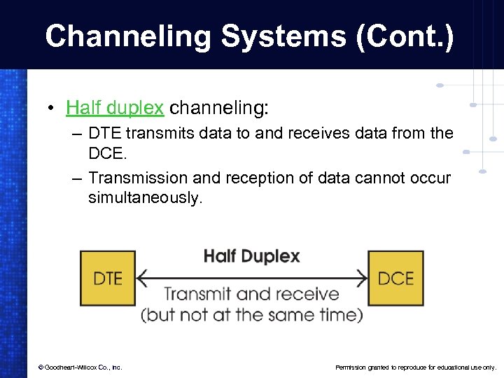 Channeling Systems (Cont. ) • Half duplex channeling: – DTE transmits data to and