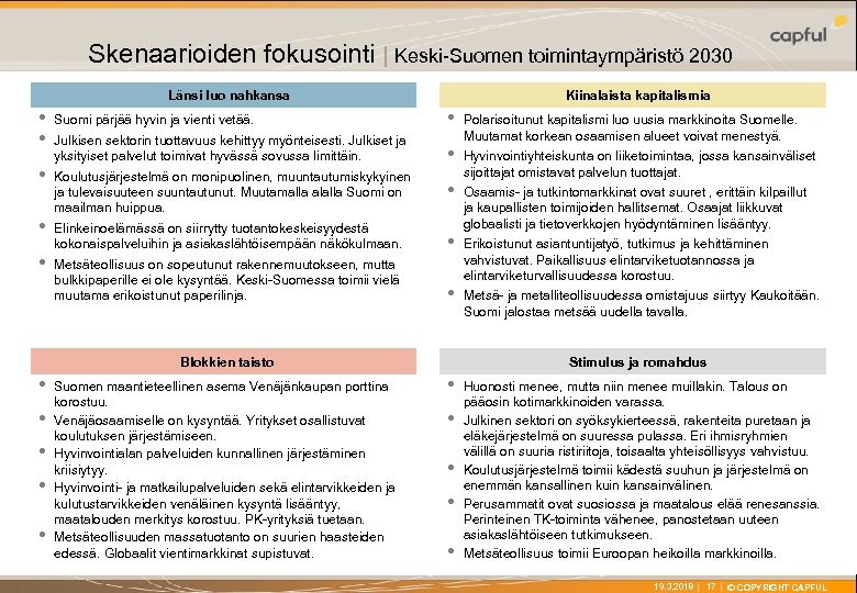 X Skenaarioiden fokusointi | Keski-Suomen toimintaympäristö 2030 Länsi luo nahkansa Kiinalaista kapitalismia • •