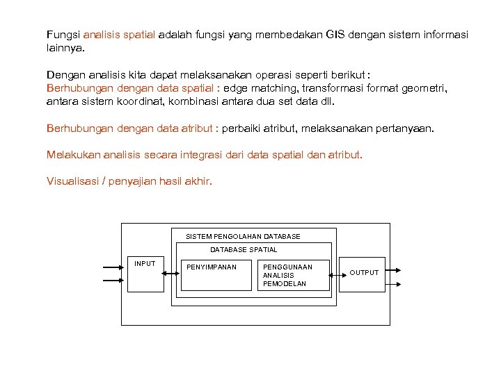 Fungsi analisis spatial adalah fungsi yang membedakan GIS dengan sistem informasi lainnya. Dengan analisis
