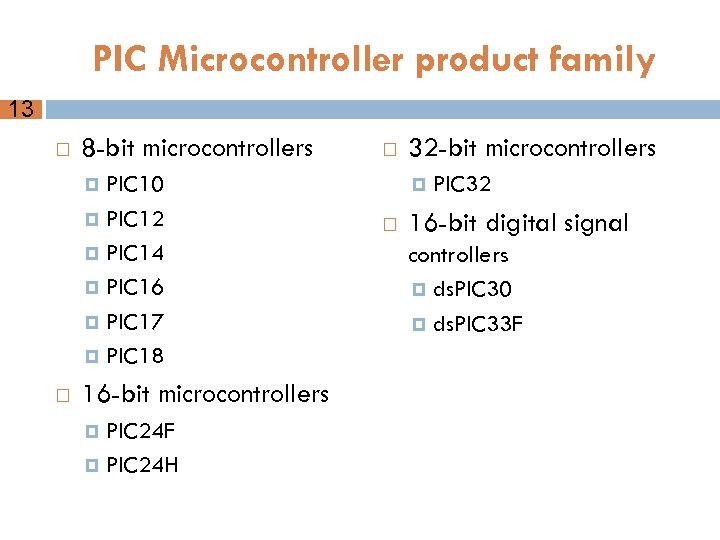 PIC Microcontroller product family 13 8 -bit microcontrollers PIC 10 PIC 12 PIC 14