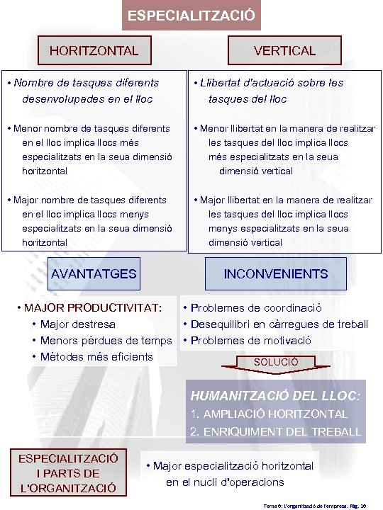 ESPECIALITZACIÓ HORITZONTAL VERTICAL • Nombre de tasques diferents desenvolupades en el lloc • Llibertat