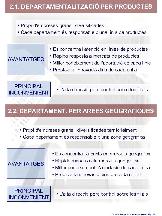 2. 1. DEPARTAMENTALITZACIÓ PER PRODUCTES • Propi d'empreses grans i diversificades • Cada departament