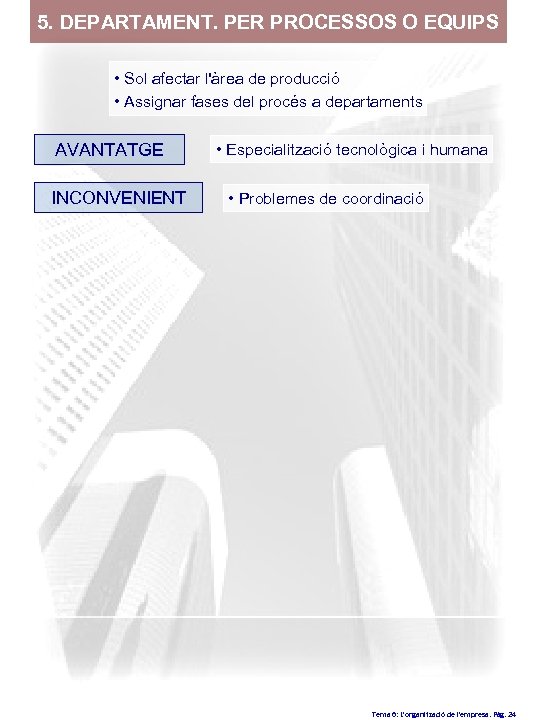 5. DEPARTAMENT. PER PROCESSOS O EQUIPS • Sol afectar l'àrea de producció • Assignar