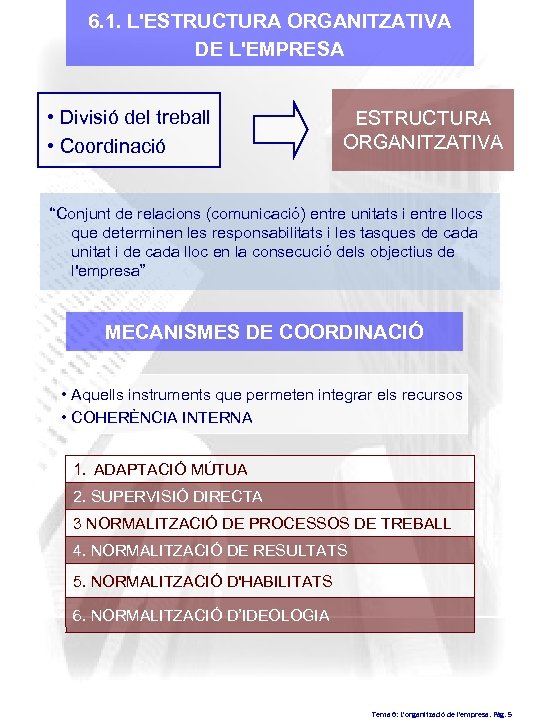 6. 1. L'ESTRUCTURA ORGANITZATIVA DE L'EMPRESA • Divisió del treball • Coordinació ESTRUCTURA ORGANITZATIVA