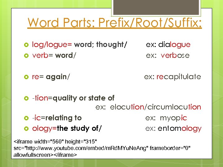 Word Parts: Prefix/Root/Suffix: log/logue= word; thought/ verb= word/ ex: dialogue ex: verbose re= again/