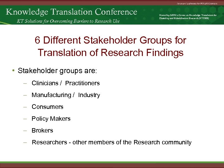 Knowledge Translation Conference KT Solutions for Overcoming Barriers to Research Use Hosted by SEDL’s