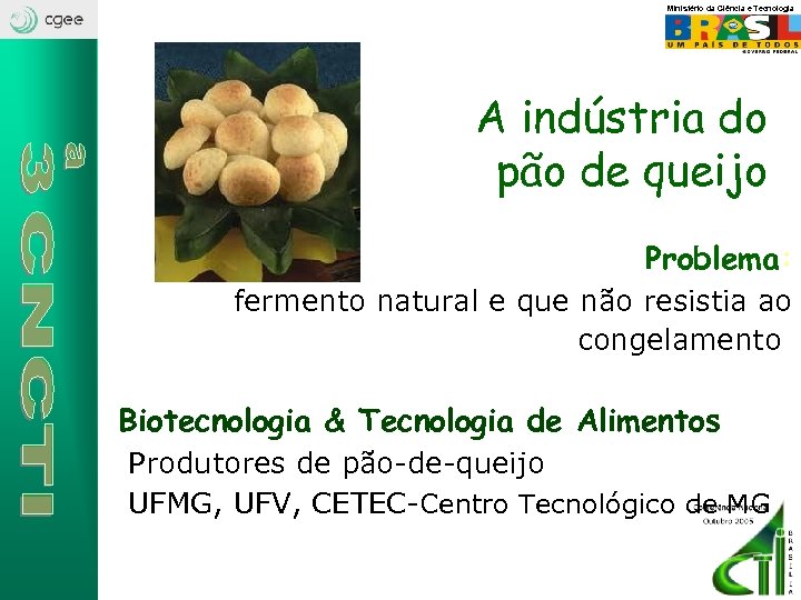 Ministério da Ciência e Tecnologia A indústria do pão de queijo Problema: fermento natural