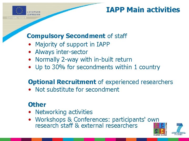 IAPP Main activities Compulsory Secondment • • of staff Majority of support in IAPP
