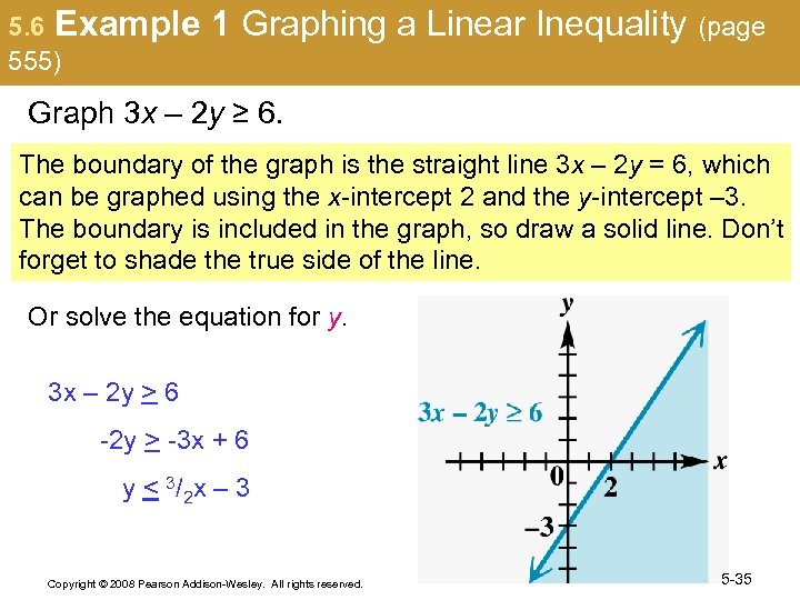 5. 6 Example 555) 1 Graphing a Linear Inequality (page Graph 3 x –