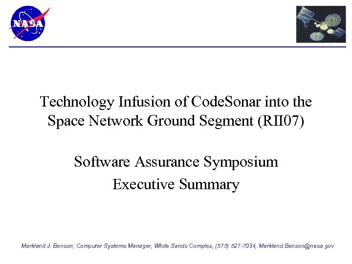 Technology Infusion of Code. Sonar into the Space Network Ground Segment (RII 07) Software