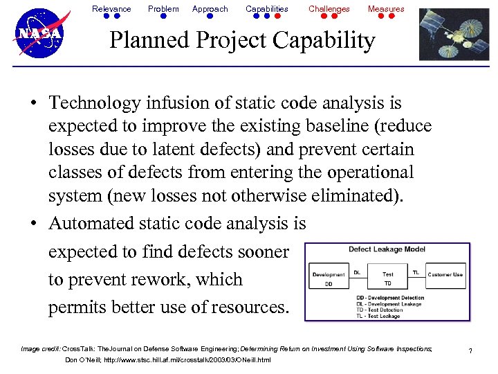 Relevance Problem Approach Capabilities Challenges Measures Planned Project Capability • Technology infusion of static