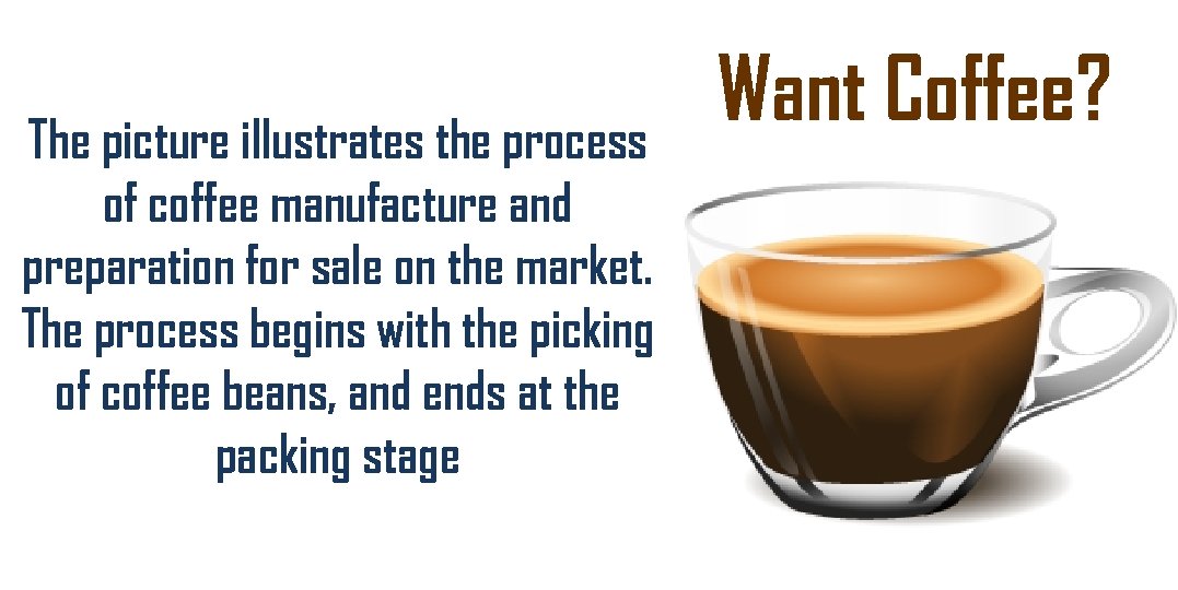 The picture illustrates the process of coffee manufacture and preparation for sale on the