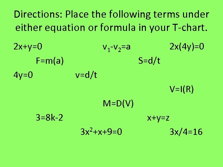 Directions: Place the following terms under either equation or formula in your T-chart. 2