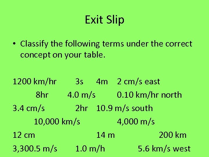 Exit Slip • Classify the following terms under the correct concept on your table.