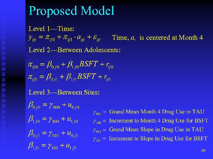 Proposed Model Level 1—Time: Time, a, is centered at Month 4 Level 2—Between Adolescents: