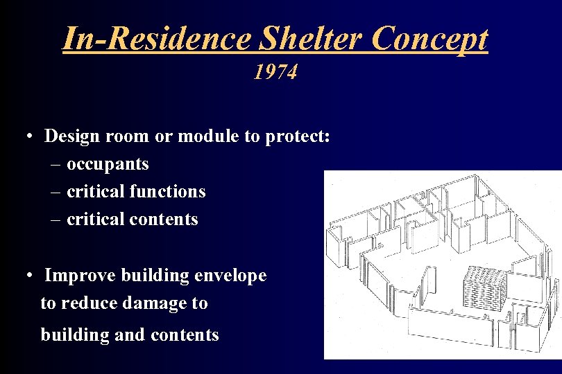 In-Residence Shelter Concept 1974 • Design room or module to protect: – occupants –