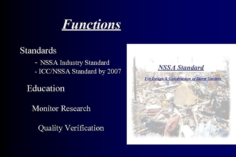 Functions Standards - NSSA Industry Standard - ICC/NSSA Standard by 2007 NSSA Standard For