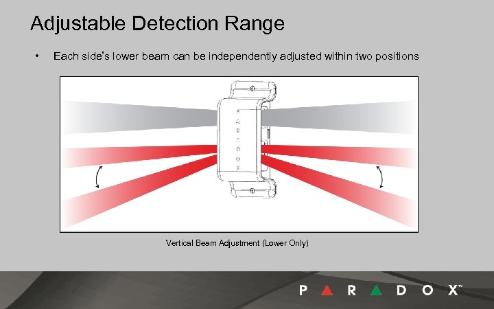 Adjustable Detection Range • Each side’s lower beam can be independently adjusted within two