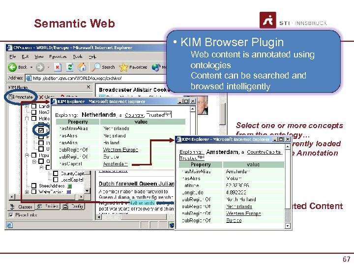 Semantic Web • KIM Browser Plugin Web content is annotated using ontologies Content can