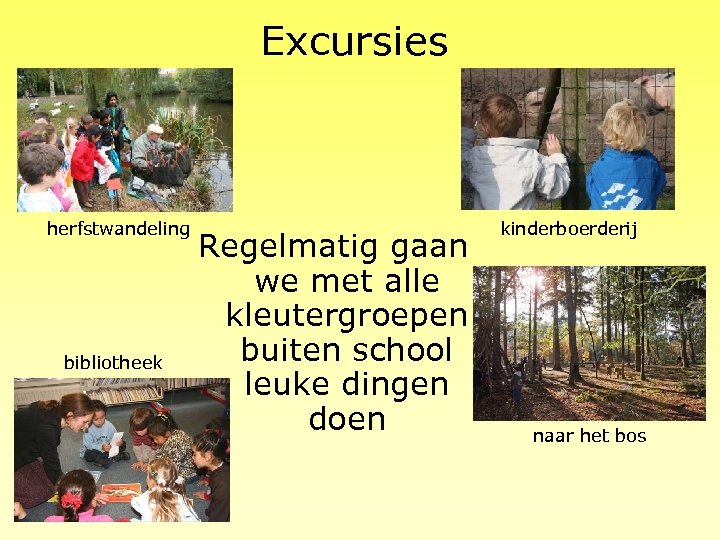 Excursies herfstwandeling bibliotheek Regelmatig gaan we met alle kleutergroepen buiten school leuke dingen doen