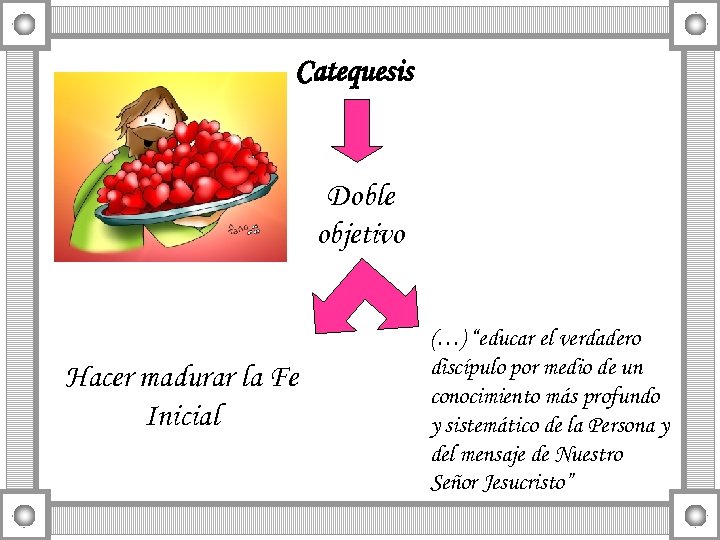 Catequesis Doble objetivo Hacer madurar la Fe Inicial (…) “educar el verdadero discípulo por