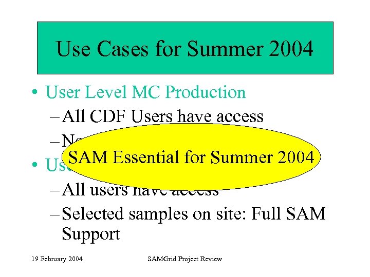 Use Cases for Summer 2004 • User Level MC Production – All CDF Users