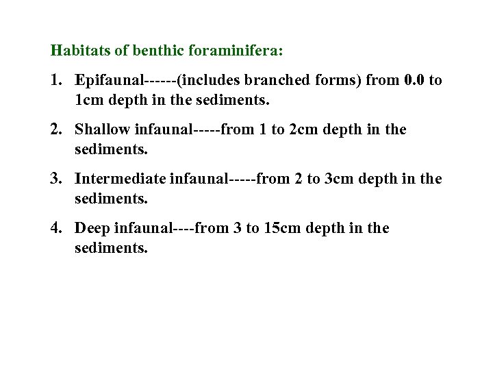 Habitats of benthic foraminifera: 1. Epifaunal------(includes branched forms) from 0. 0 to 1 cm