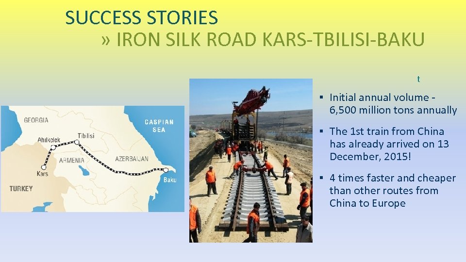 SUCCESS STORIES » IRON SILK ROAD KARS-TBILISI-BAKU t ▪ Initial annual volume 6, 500