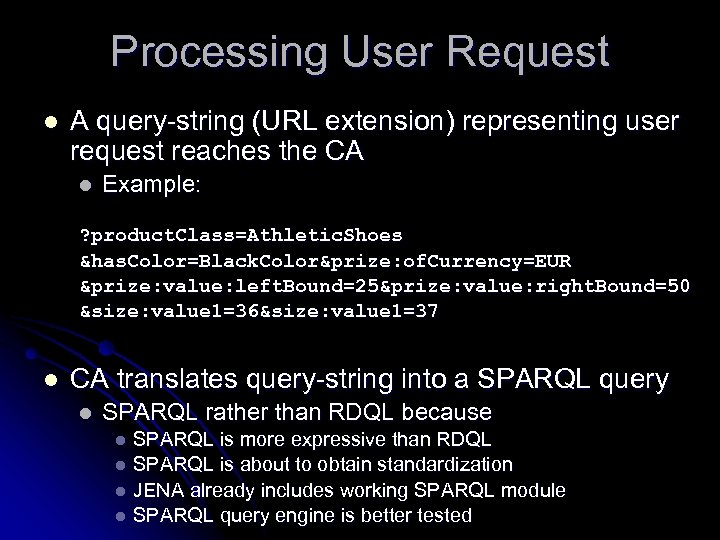 Processing User Request l A query-string (URL extension) representing user request reaches the CA