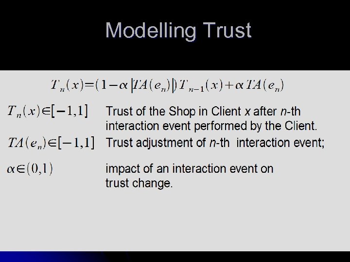 Modelling Trust of the Shop in Client x after n-th interaction event performed by