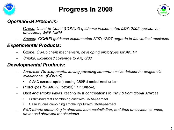 Progress in 2008 Operational Products: – Ozone: Coast-to-Coast (CONUS) guidance implemented 9/07; 2008 updates