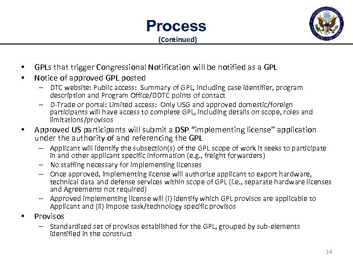 Process (Continued) • • GPLs that trigger Congressional Notification will be notified as a