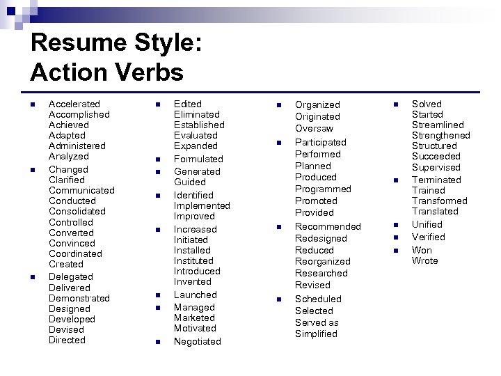 Resume Style: Action Verbs n n n Accelerated Accomplished Achieved Adapted Administered Analyzed Changed