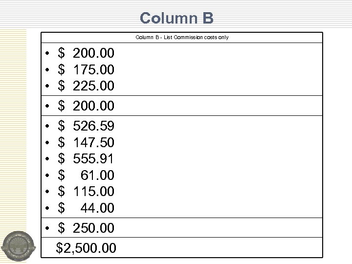 Column B - List Commission costs only • • • $ 200. 00 $