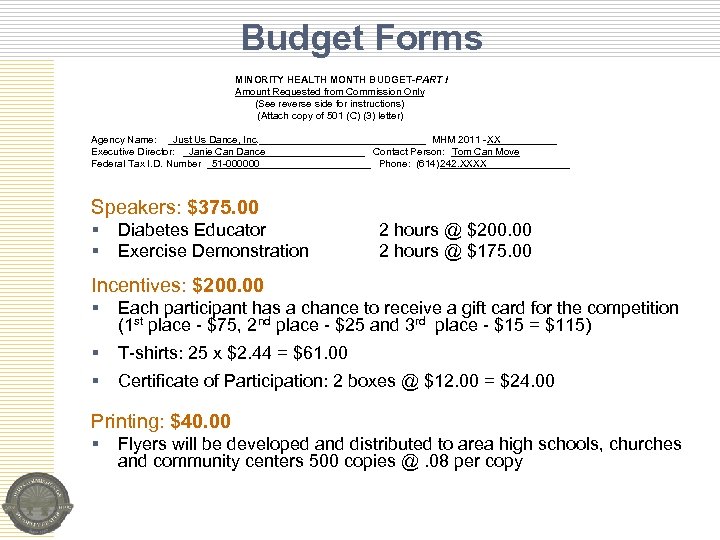 Budget Forms MINORITY HEALTH MONTH BUDGET-PART I Amount Requested from Commission Only (See reverse