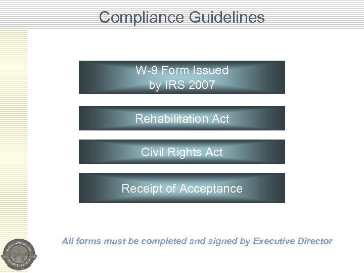 Compliance Guidelines W-9 Form Issued by IRS 2007 Rehabilitation Act Civil Rights Act Receipt