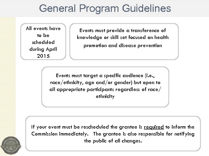 General Program Guidelines All events have to be scheduled during April 2015 Events must